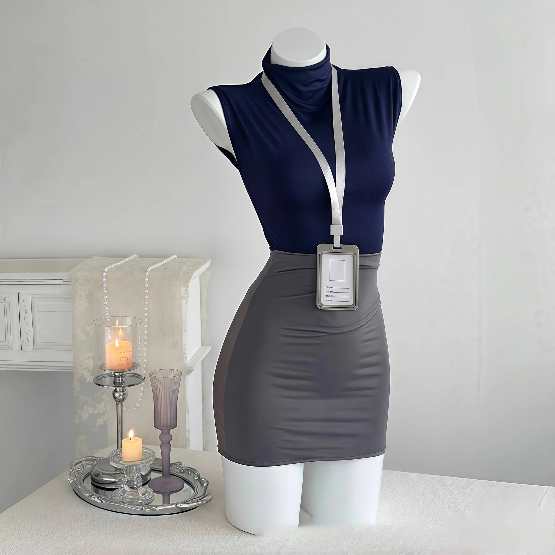 

Hot Sexy Office OL Lady Secretary Lingerie Set Sleeveless High Neck Top + Bodycon Mini Skirt Role Play Outfit Uniform Temptation