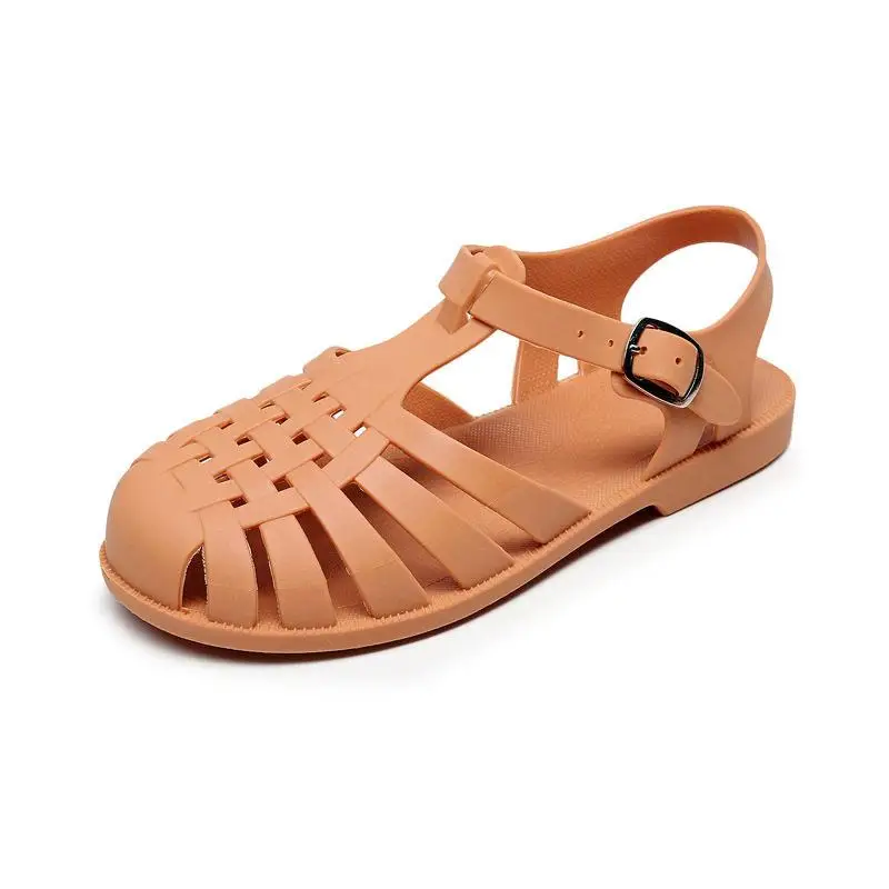 Women's Sandals Summer INS Fairy Style Flat Bottom Jelly Shoes Korean Retro Toe Covering Woven Roman Beach Shoes Breathable
