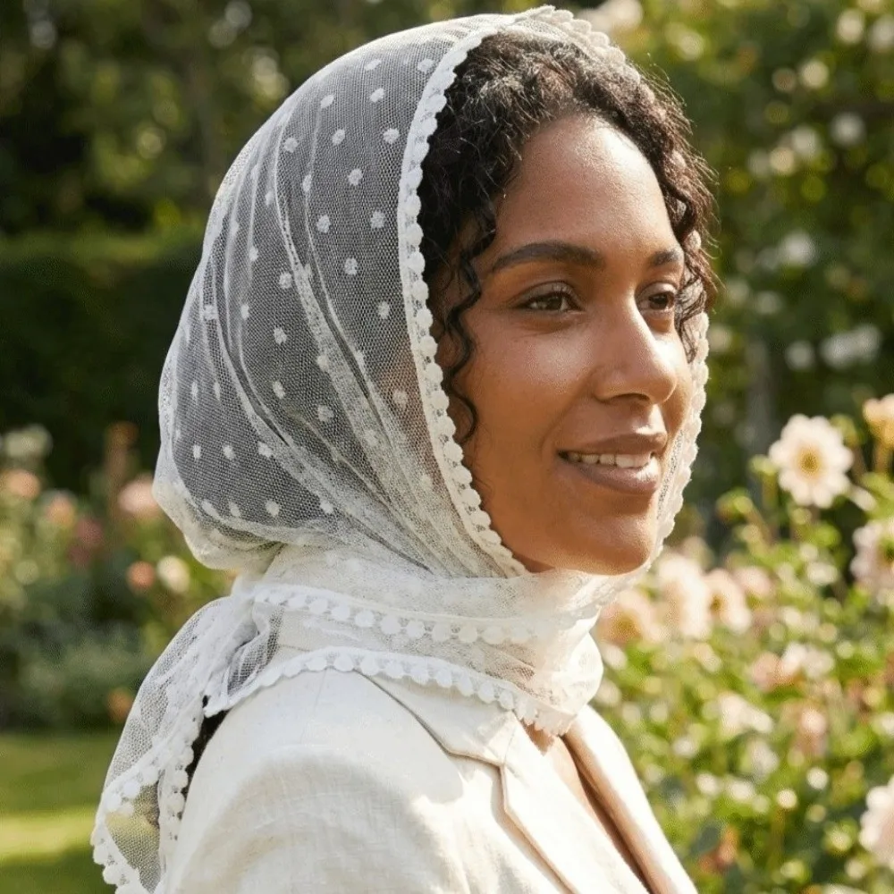 Sophisticated Soft Lace Headscarf Thin Polka Dot Triangular Scarf Veil Shawl Bridal Face Covering Prayer Use