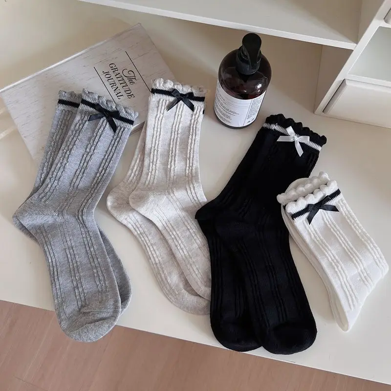

Women's Socks Autumn and Winter New Solid Color Black White Gray Long Socks Bow Sweet Girls Lolita Kawaii Cute Middle Tube Socks