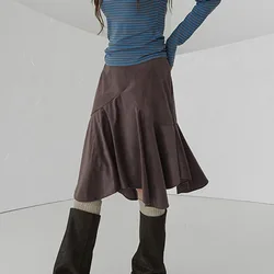 Patchwork Asymmetry A-line Skirt Japanese Vintage Y2K Midi Skirt Fashion High Waist Skirt 2025 Korean Style Women's Clothing