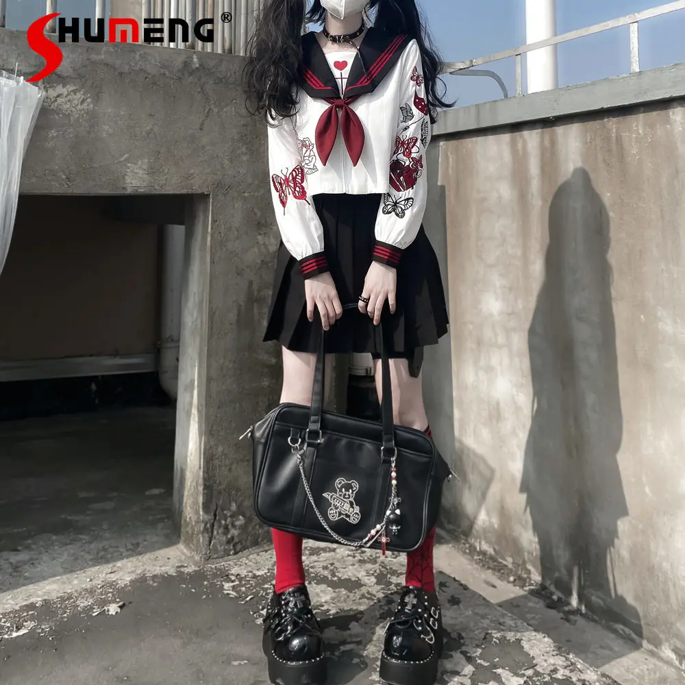 Japanese Style Punk Skirt Sets Dark Jk Uniform Sweet Long Sleeve Embroidery Sailor Bow Tie Shirt and Black Skirts Suit 2 Pieces