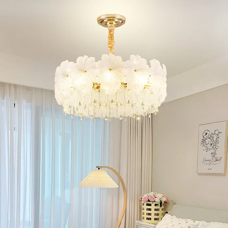 French Flower Shape Crystal Chandelier Living Room Restaurant Pendant Lights Simple Dining Room Home Bedroom Lamp