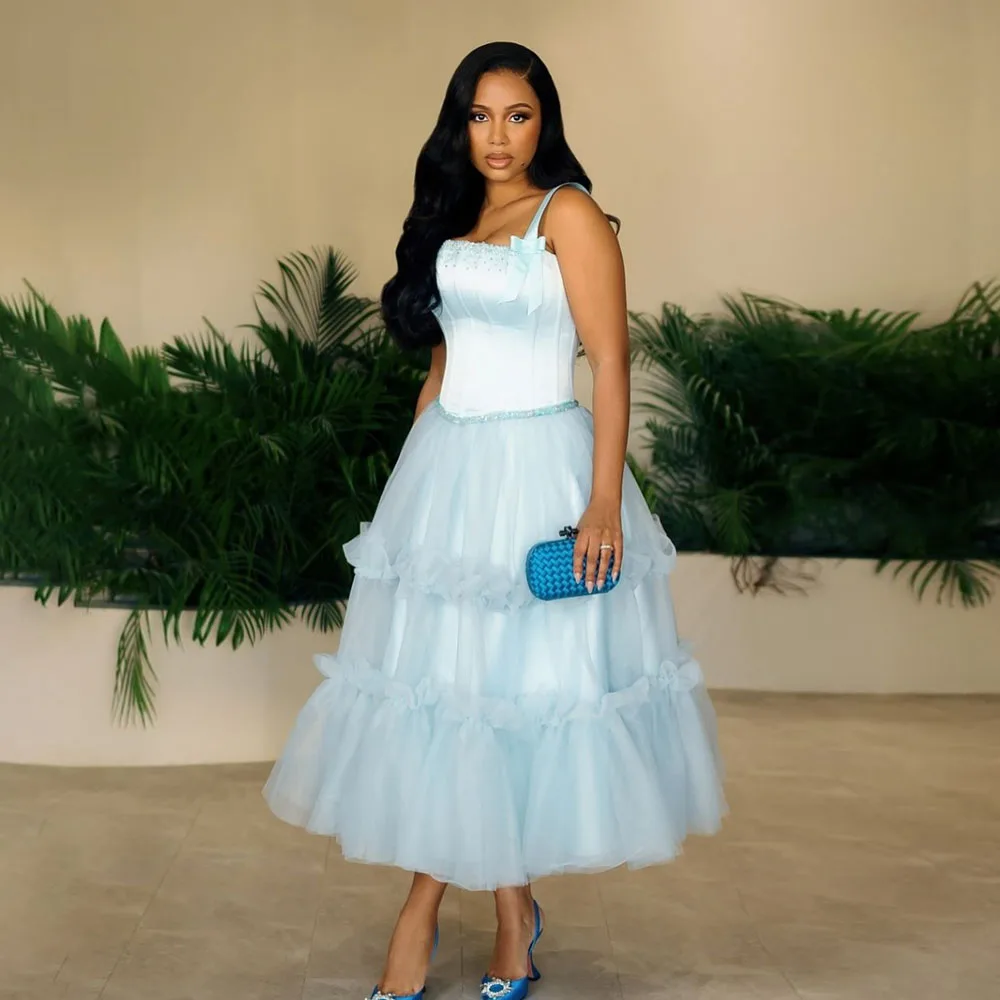 

Baby Blue Ruffled Layered Evening Dress Ankle Length Women Clothing Sleeveless A-line Prom Dresses Plus Size Custom Made Gown