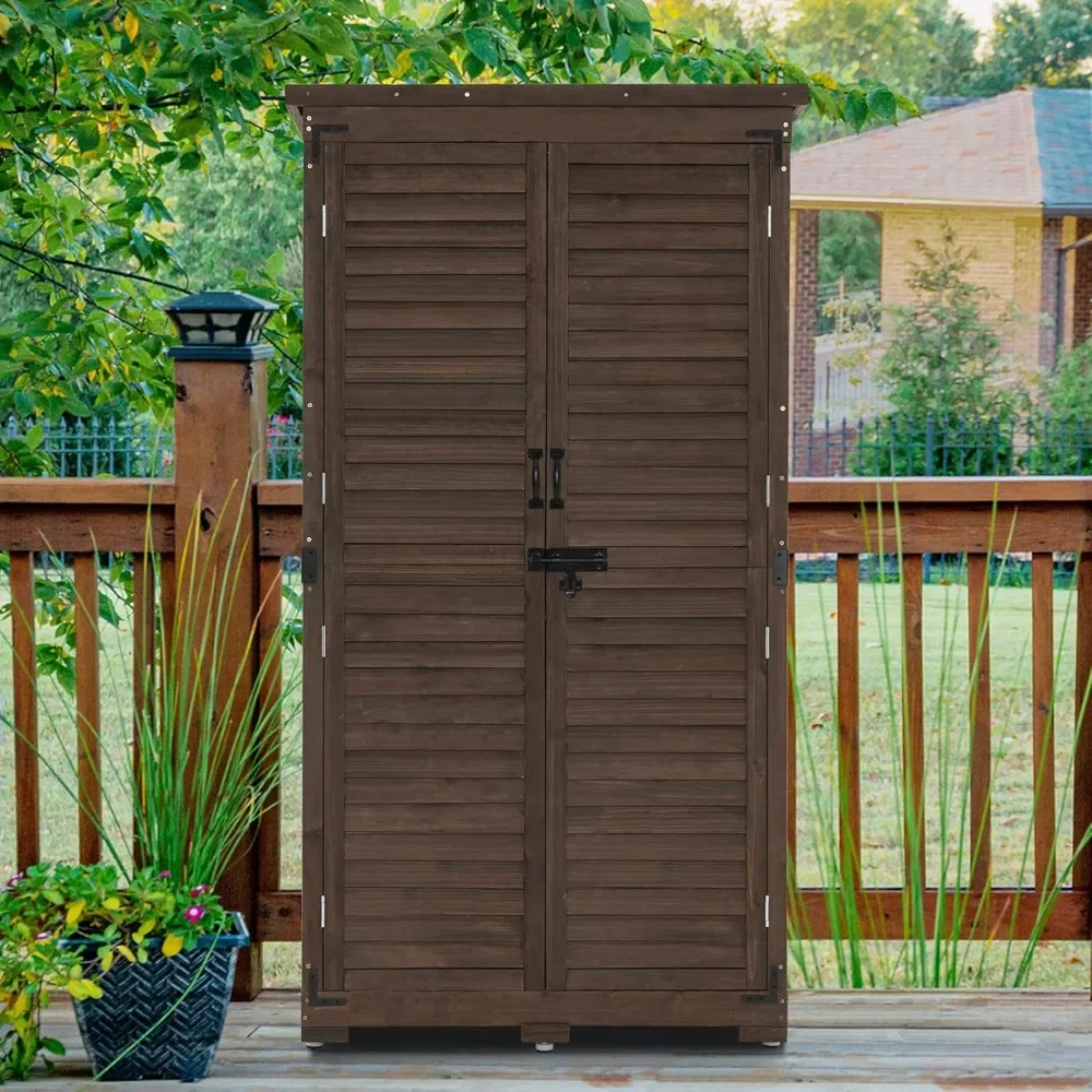 

Storage Cabinet, Garden Storage Shed, Outside Vertical Shed with Lockers, Outdoor 63 Inches Wood Tall Shed for Yard and Patio