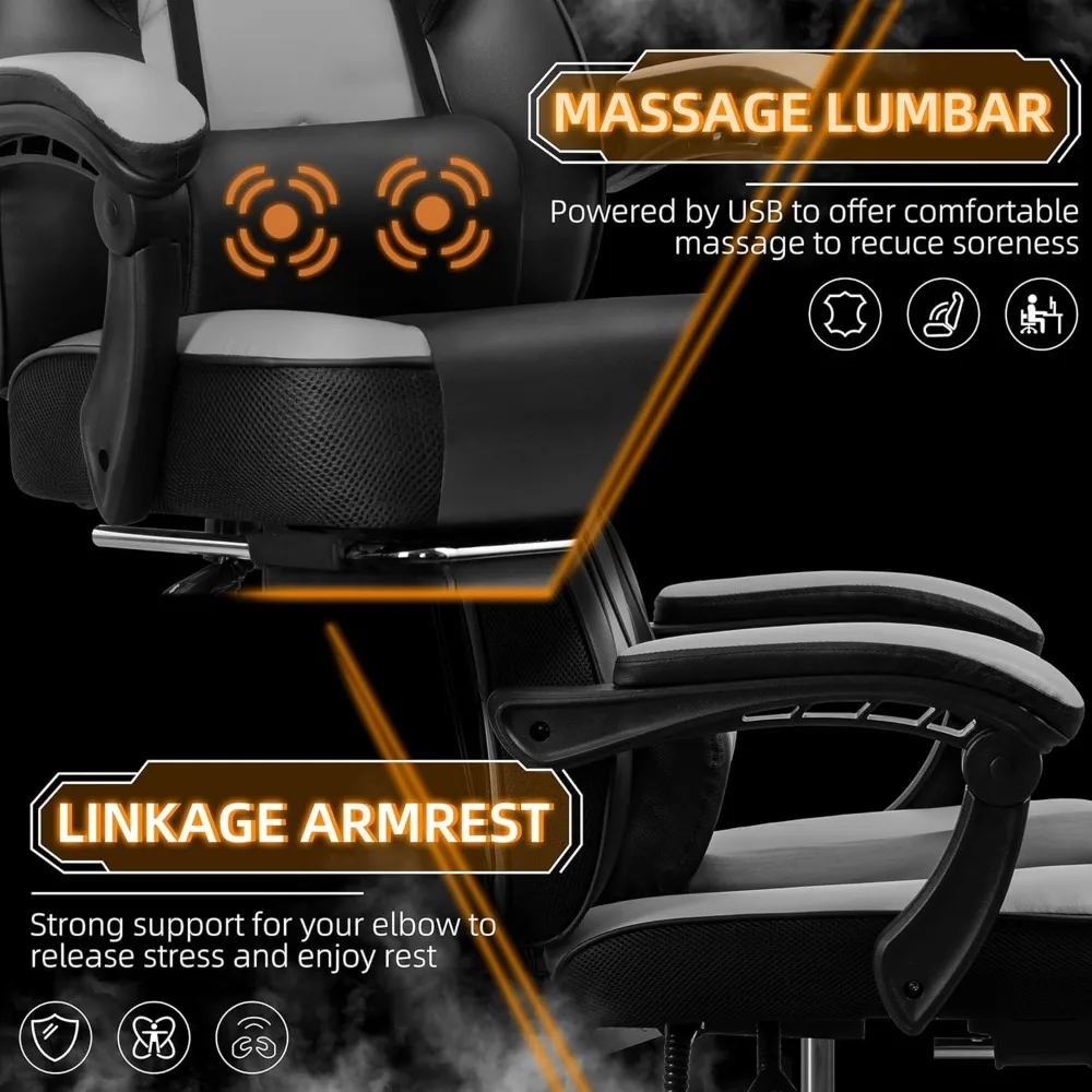 Kursi Gaming dengan Sandaran Kaki, Penyangga Punggung dengan Pijat, Tinggi Dapat Disesuaikan, dan Putaran 360 Derajat °   Kursi Putar