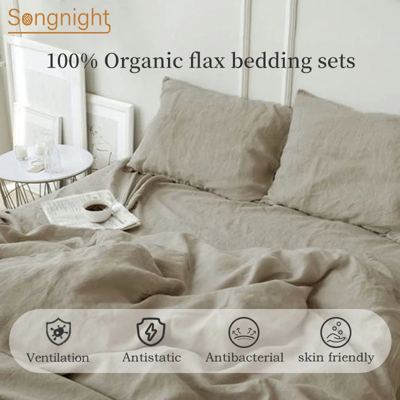 

100% Flax Bedding Sets 4 pieces for 1.2m, 1.5m, 1.8m, 2m Bed Solid Color White Black Grey Lemon Linen Duvet Cover Fixed Sheet