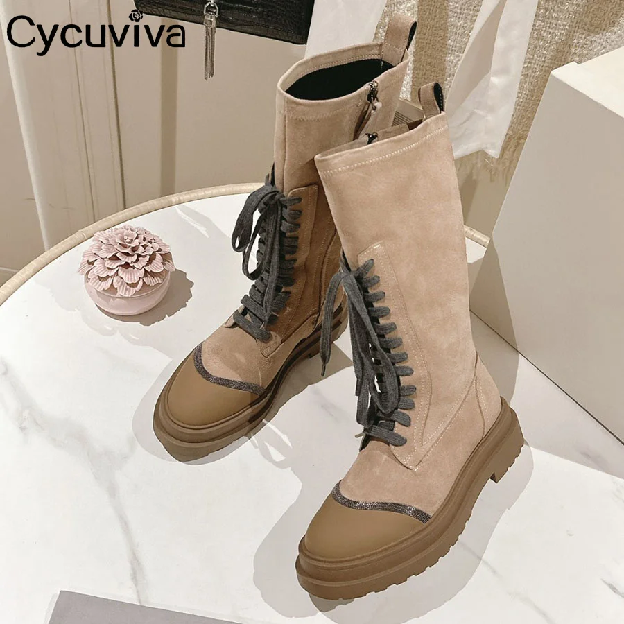 

2024 Autumn Brand Lace Up Platform Boots Women Thick Sole Suede Side Zip Knee High Boots Designer Party Chelsea Boots For Women