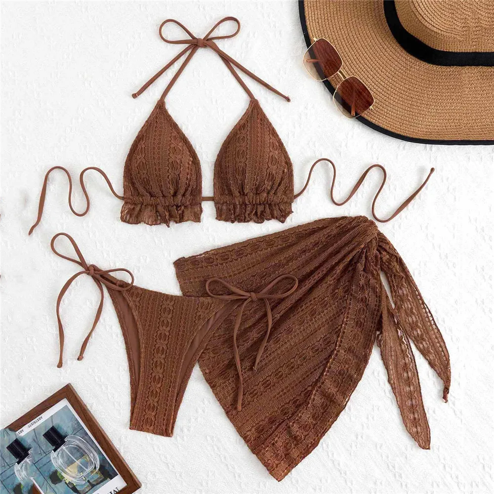 

Sexy Brown Lace Mesh Swimwear Halter String Triangle Bikinis 2026 Woman Micro Thong Swimsuit Cover Ups 3 Piece Bikini Set Mujer