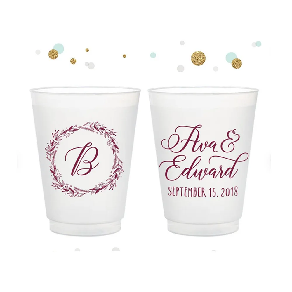 Monogram Wreath - 12oz or 16oz Frosted Unbreakable Plastic Cup  - Custom - Bridal Wedding Favors, Wedding Cups, Party Cups