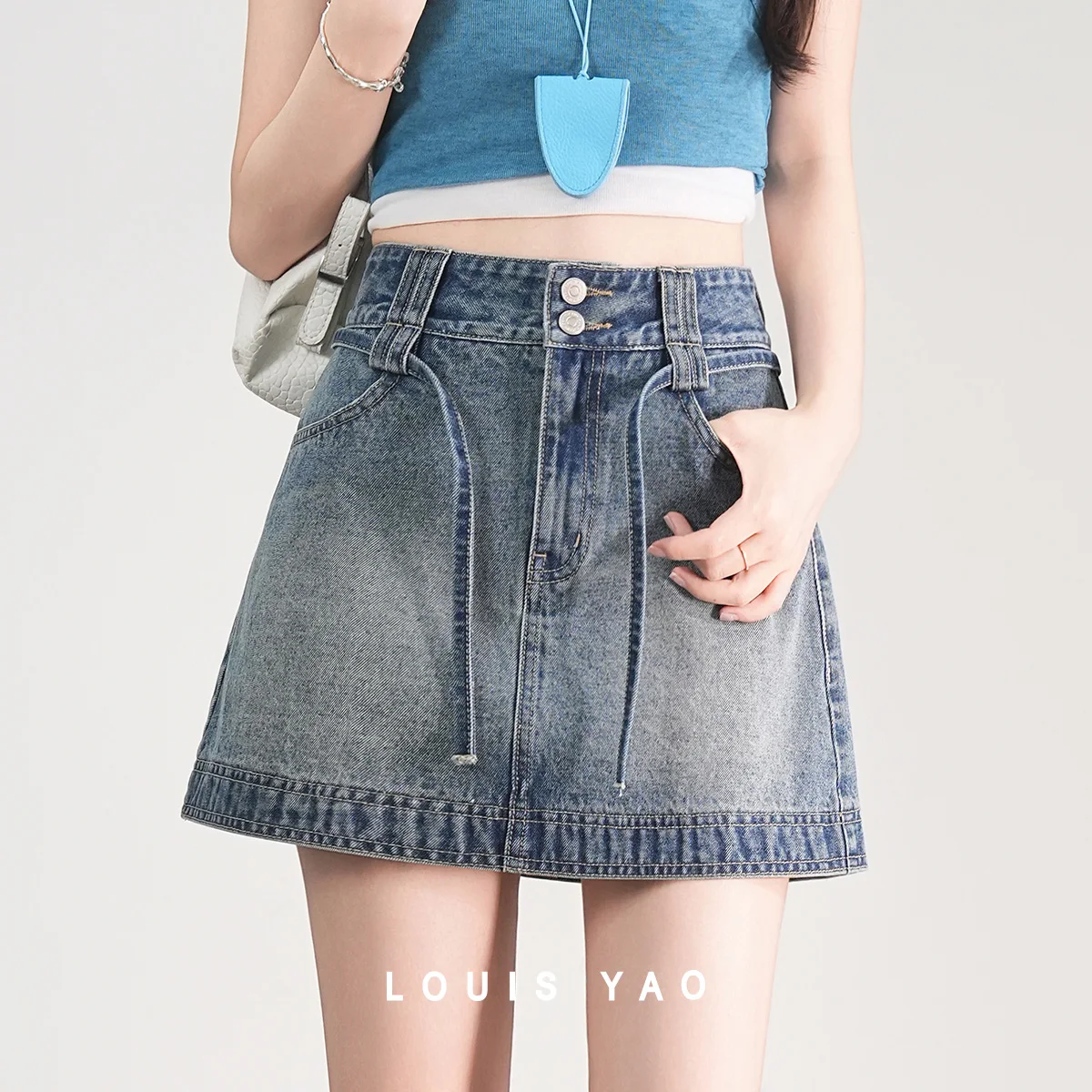 

Vintage Mini Skirt Jeans Fashion Casual Washed Waist Drawstring Design Short Skirt Woman Female Clothing Summer New 2025