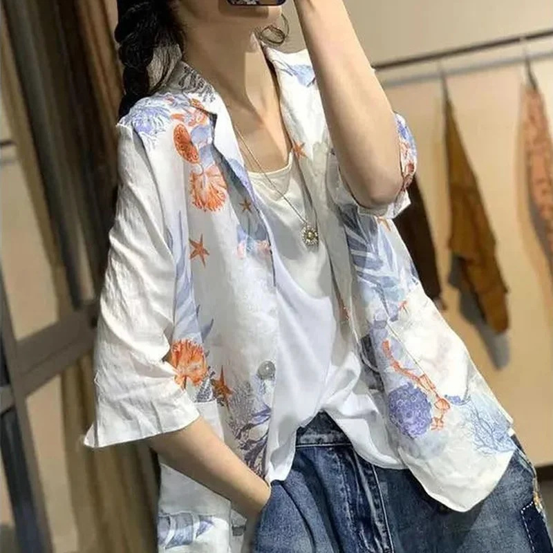 Blazers Women Print Single Button Notched Loose Elegant Stylish Casual All-match Summer Breathable Thin Cool Fashion Daily New