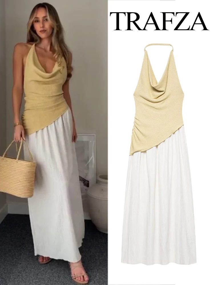 HH Women's Fashion Simple Spliced ​​Halter Neck Sleeveless Dress Female Elegant Slim Sexy Backless Party Pleated Long Dress