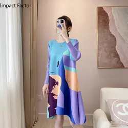 Miyaki Pleats 2024 Spring New Fashion Print Dress Round Neck Pullover Long Sleeve Mid Length Dress With Noble Temperament