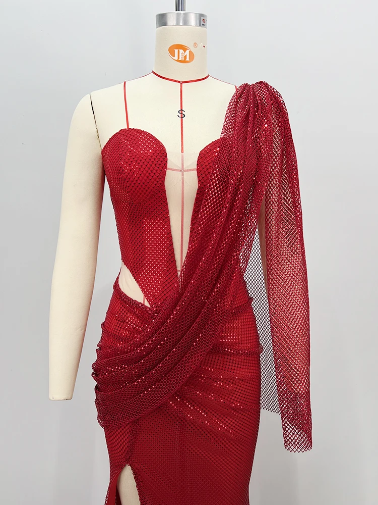 Cocktail Party Chic Red Sequin One-Shoulder Evening Gown with Cutout & High Slit Fashion Sexy Maxi Dress