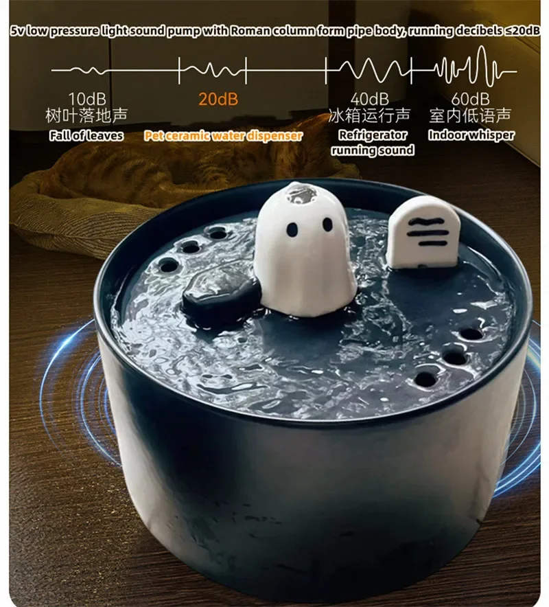 Ceramic Cat Water Fountain Dog Drinking Pet Water Dispenser Halloween,Graves,Cat Drinker Indoor Decor,Electronic Pet Fountain