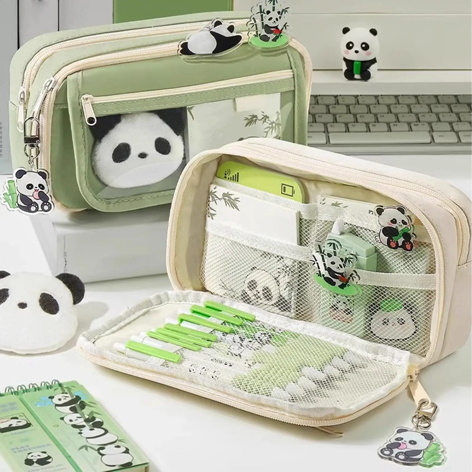 Cute Pencil Case Large Capacity Pencil Bag Panda  Cartoon Stationery Holder Bag With Brooches stickers clips keychains  Pen Case