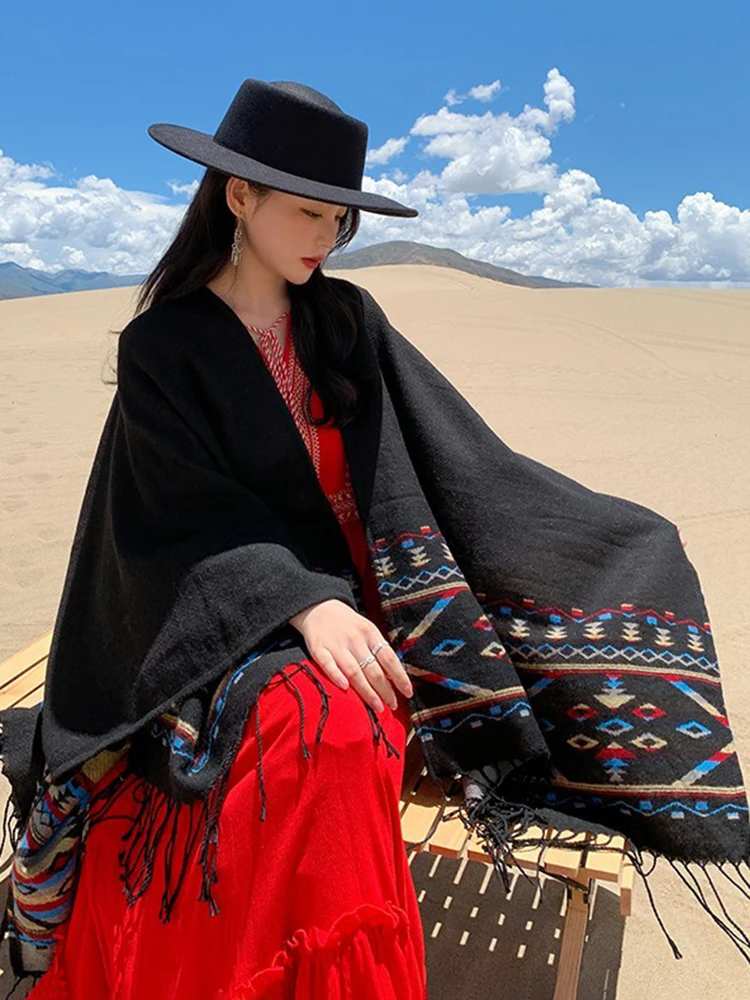 Ethnic Knitted Shawl Female Vintage Autumn Winter Travel Warm Scarf Cape Ladies Fashion Multifunction Tassel Poncho Women