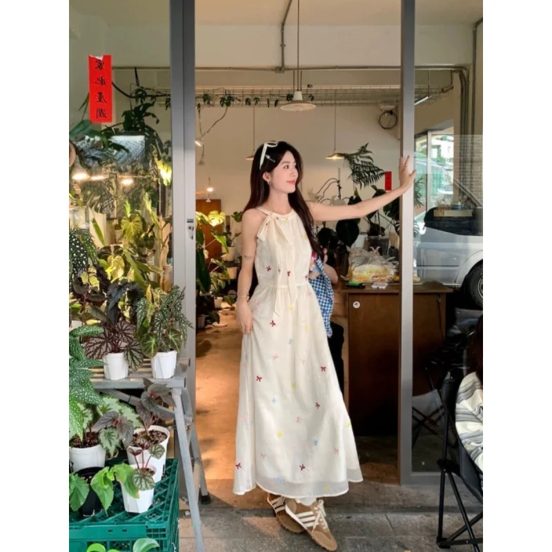 Bowknot Sweet Gentle Off-Shoulder Sleeveless Dress 2025 Summer New Waist-Slimming Elegant Versatile Long Dress