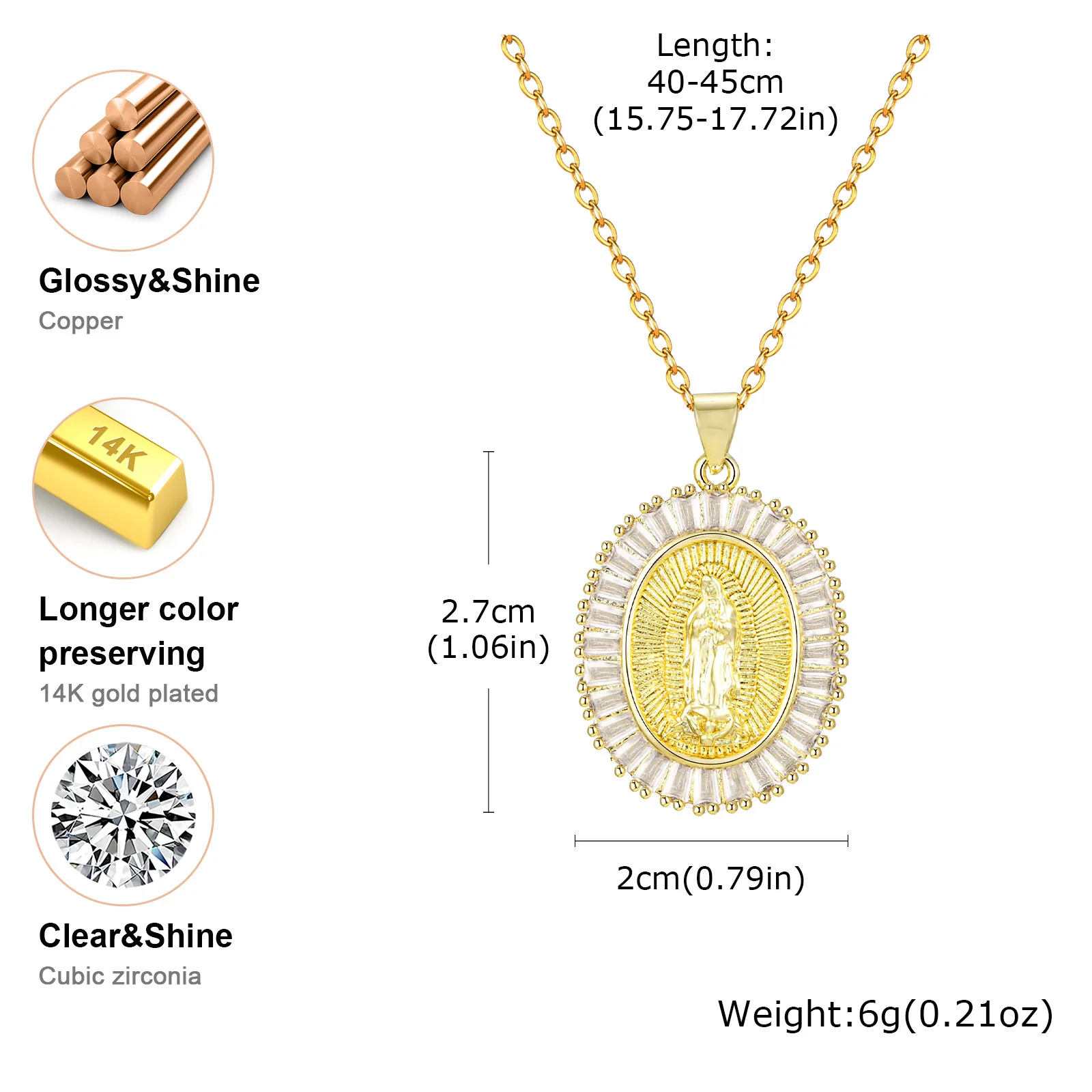 Zirconia Oval Virgin Mary Pendant Necklace for Women Catholic Jewelry