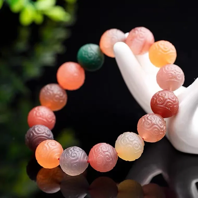 Natural Candy Color Yanyuan Agate Mala Bracelet Carved Fret Beads Chalcedony Crystal Wenwan Prayer Beads For Women Zodiac Year