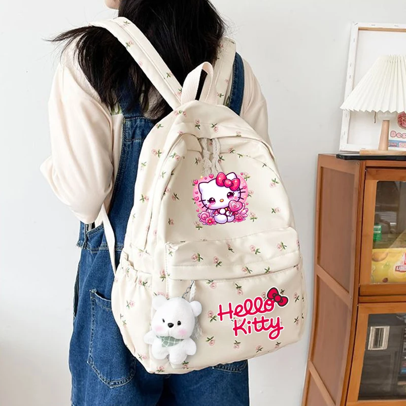 

Студенческий школьный рюкзак Hello Kitty, белые школьные сумки с цветочным принтом для девочек-подростков, милый женский рюкзак, сумка для книг, нейлоновый рюкзак
