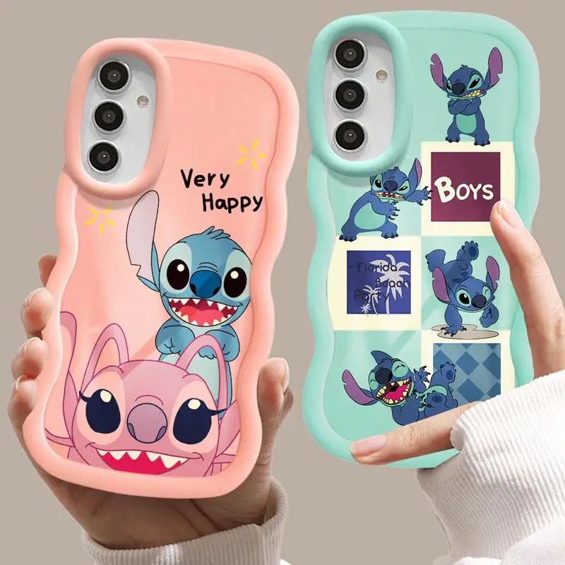 Disney Luxury Macaron Big Waves Phone Case Happy Stitch Angel for Samsung Galaxy A55 A54 A53 A52 A51 A14 A13 A12 A33 A23 A32