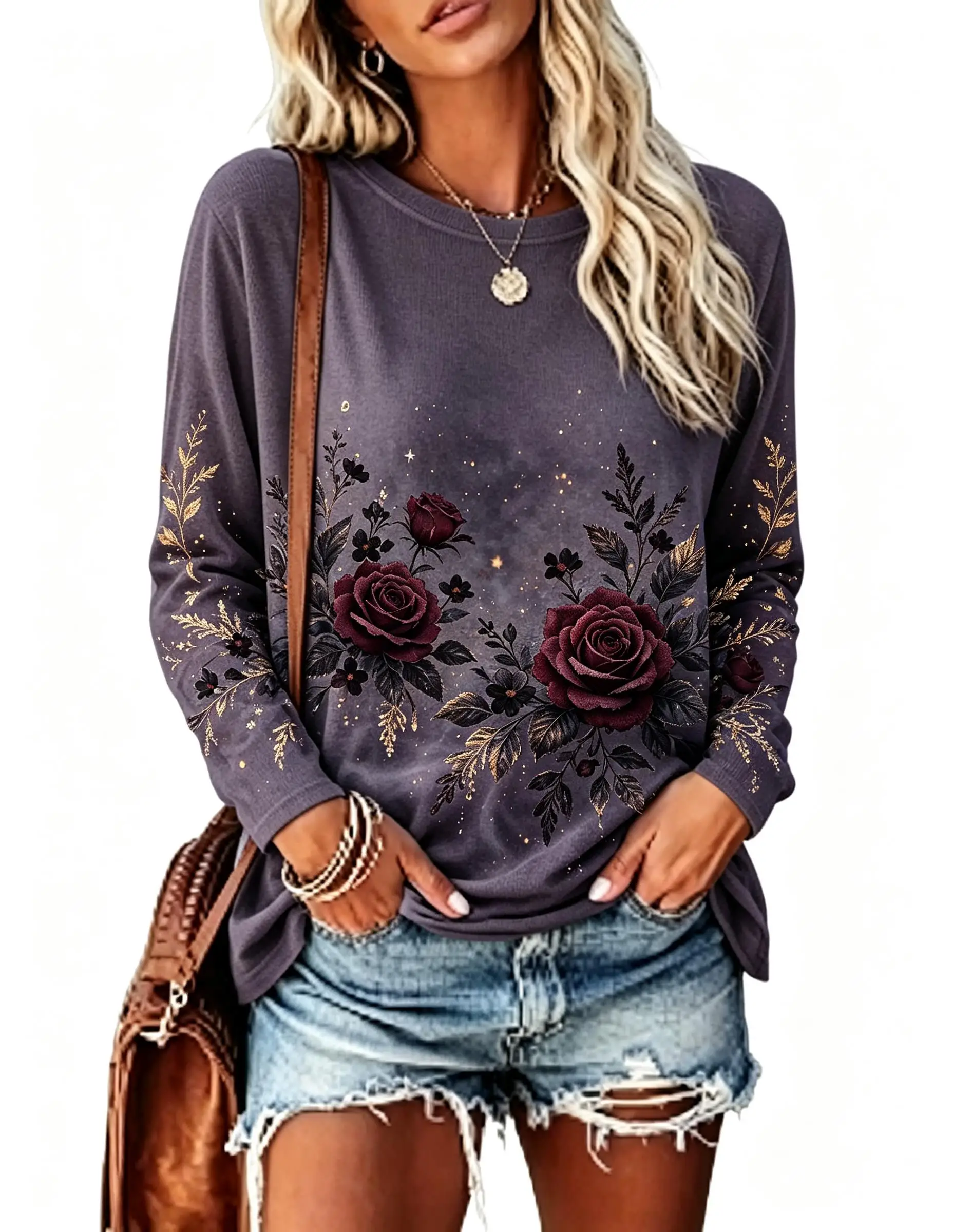 Women Long Sleeve T‑Shirt Vintage Dark Red Rose Floral Gold Foil Print Crew Neck Casual Tops