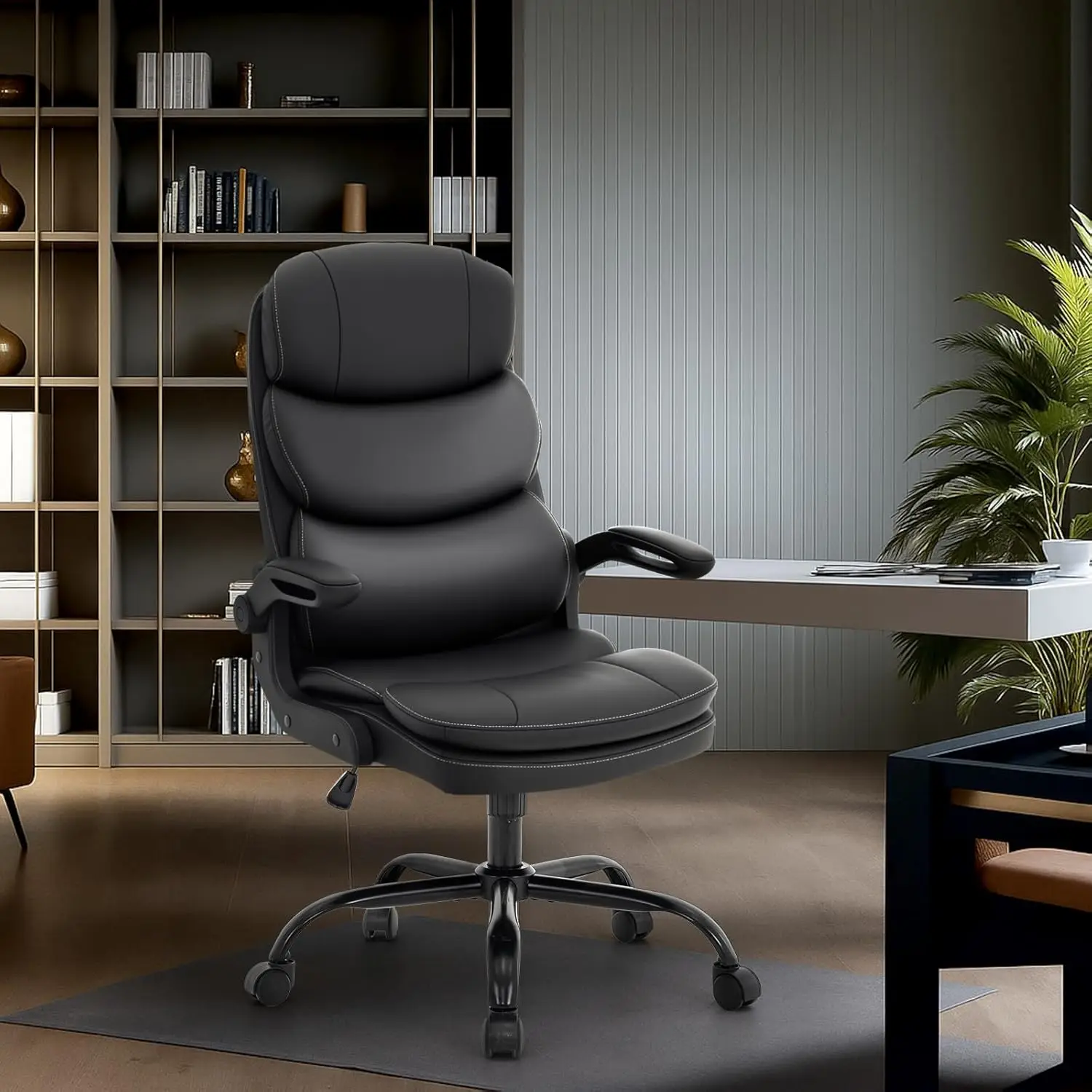 

Ergonomic Office Chair High Back with Adjustable Lumbar Support, PU Leather Executive Desk Chair - Flip-Up Armrests, 360