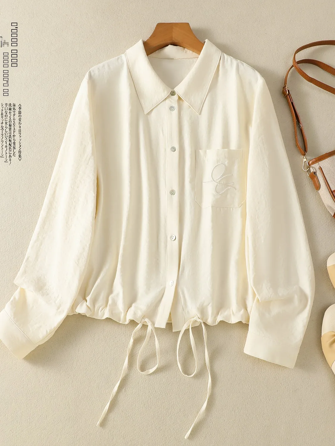 エレロングスヴェ刺繍入りirtレディースルーズフィット襟付きコート秋シーズン快適通気性ボタンアップトップ