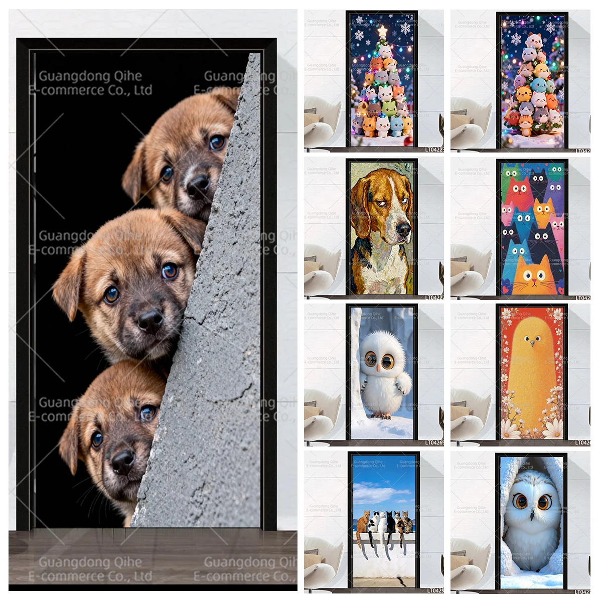 Cute Adorable Pets Door Vinyl Sticker Full Door Wrap 3D Wallpaper Customize Home Decoration Door Poster Stickers Door Dressing