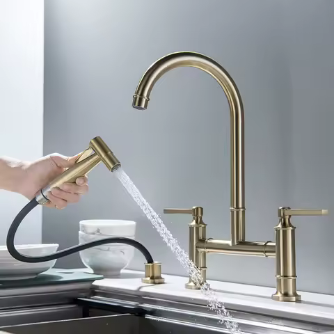Tuqiu Brushed Gold Kitchen Faucet with Hand shower Head Pot Filler Tap Deck Mounted Hot Cold Black Sink Tap Spout Brass