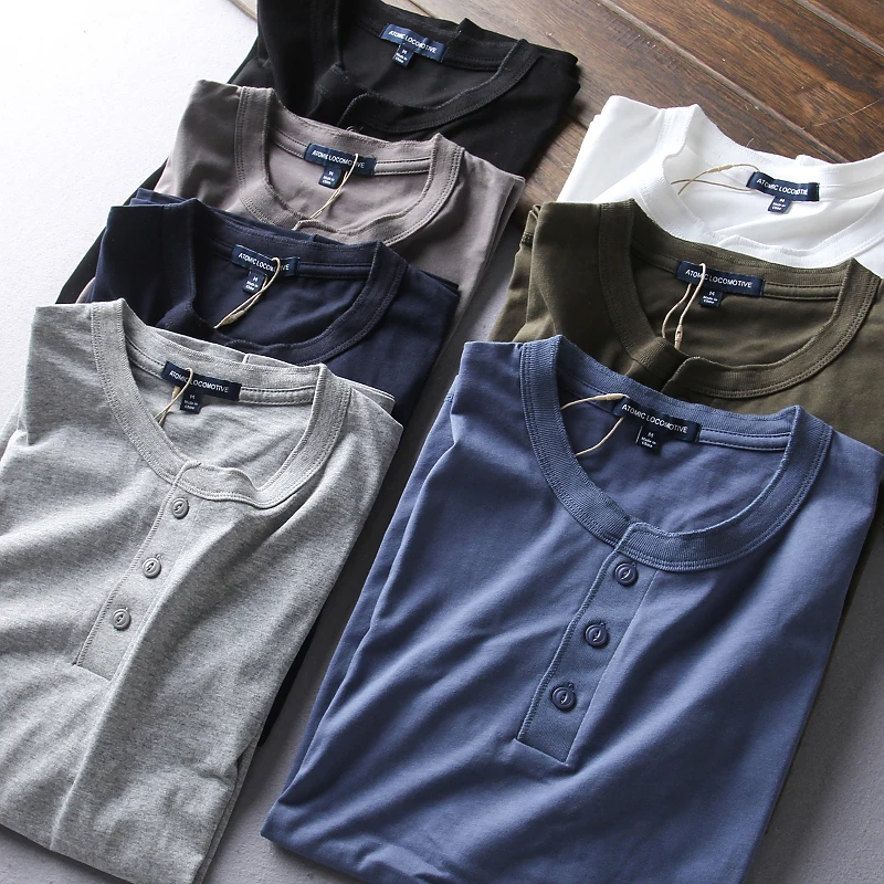 

Heavyweight American Retro Casual Henry Collar Pure Cotton ort Sve T-irt Versatile Summer Top for Men