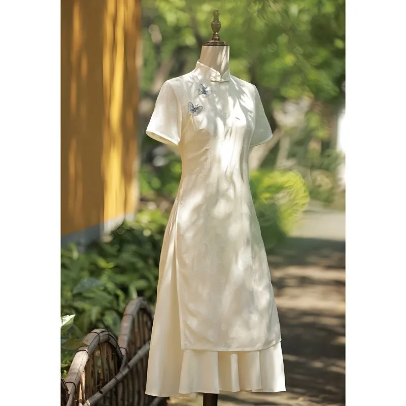 Autumn Chinese Traditional Women Dress Beige Stand Collar Short Sleeve Modern Modified Cheongsam Shawl Vestido Oriental