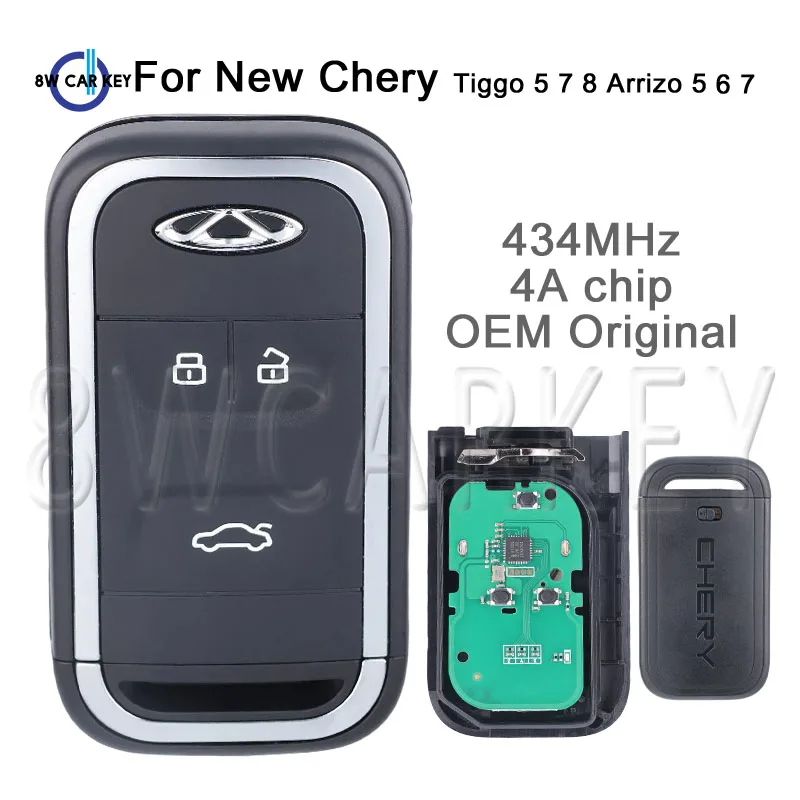 Clé télécommande de voiture d'origine OEM, adaptée au nouveau Chery Tiggo 5 7 8 Arrizo 5 6 7, clé de commande intelligente, puce 3 boutons 434Mhz 4A