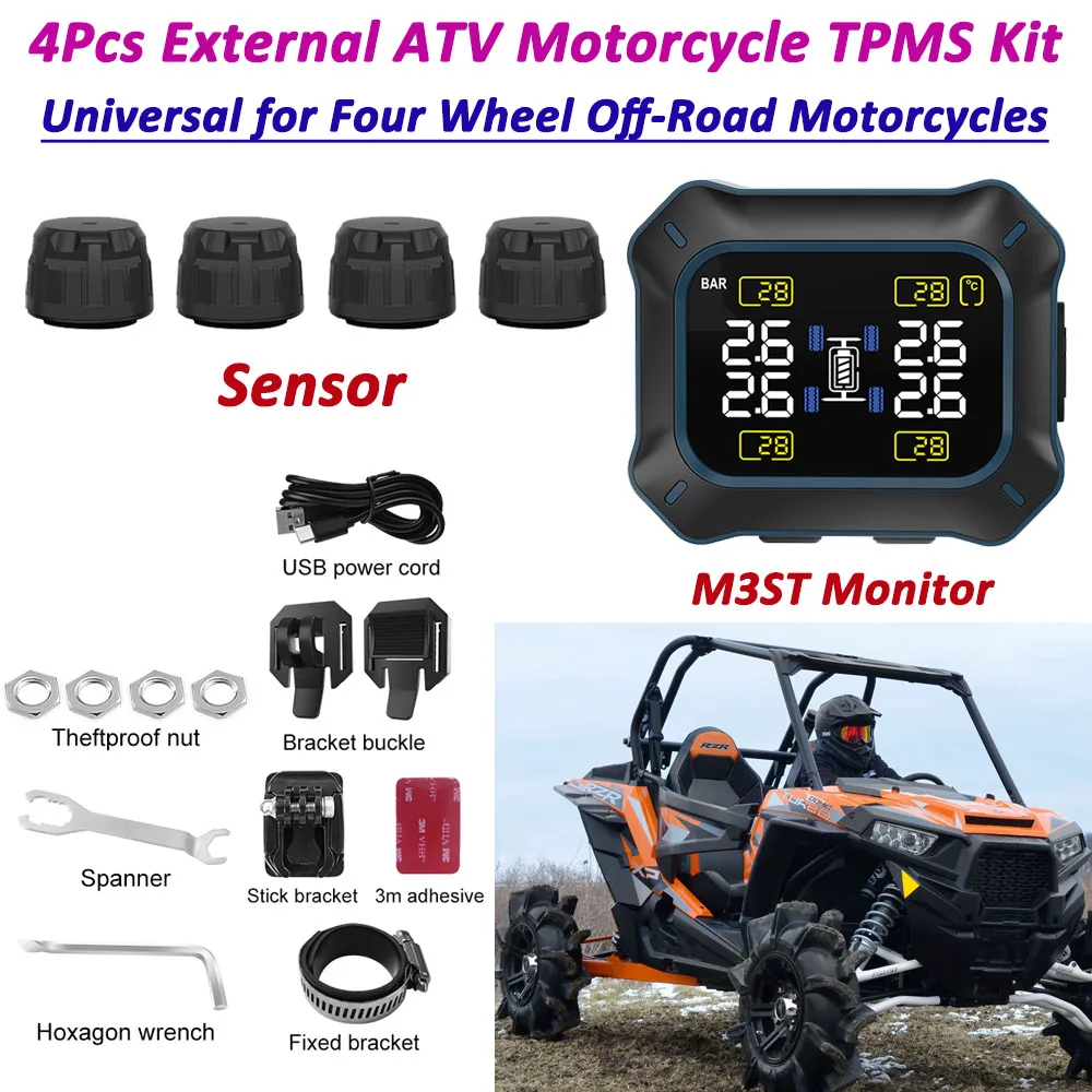 4 External TPMS Sensors ATV Tire Pressure Monitor System + Alarm System LCD Display,USB Charge,for POLARIS 4-Wheeled Motorcycle