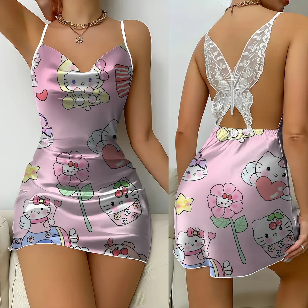 Fashion Hello Kitty print summer home nightdress women backless suspender dress butterfly decoration backless satin thin dress