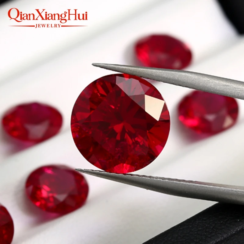 Pigeon Blood Red Color Lab Created Ruby Round Shape Diamond Cut Including Minor Cracks Inclusions Loose Gem Stone Jewelry