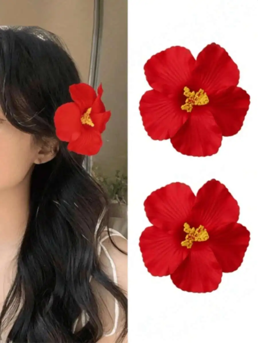 

2pcs Red Hawaiian Hibiscus Flower Hair Clips For Women Bohemian Style Artificial Tropical Hair Accessories Summer Beach Party