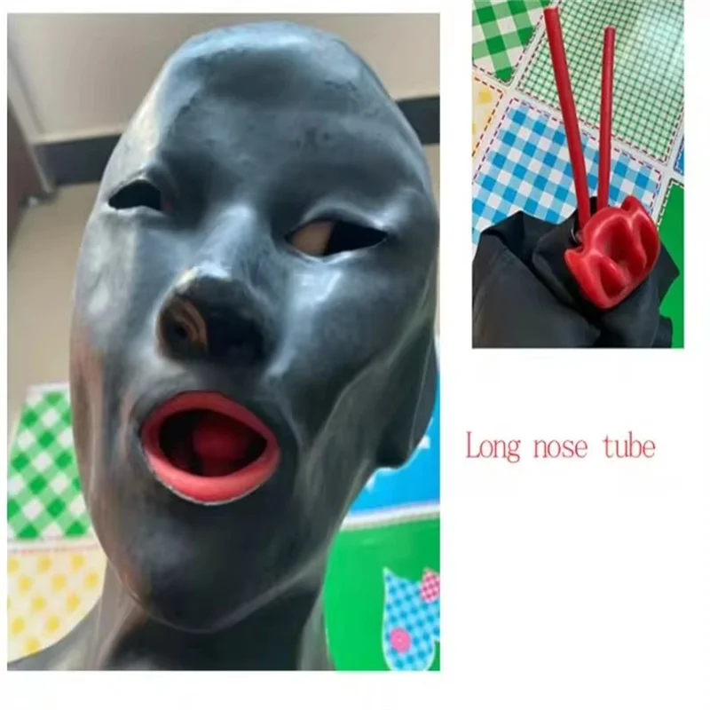 Latex Mask Fetish Unisex Rubber Hood With Red Mouth Tongue Gag and Nose Tube Head Around 54-57cm