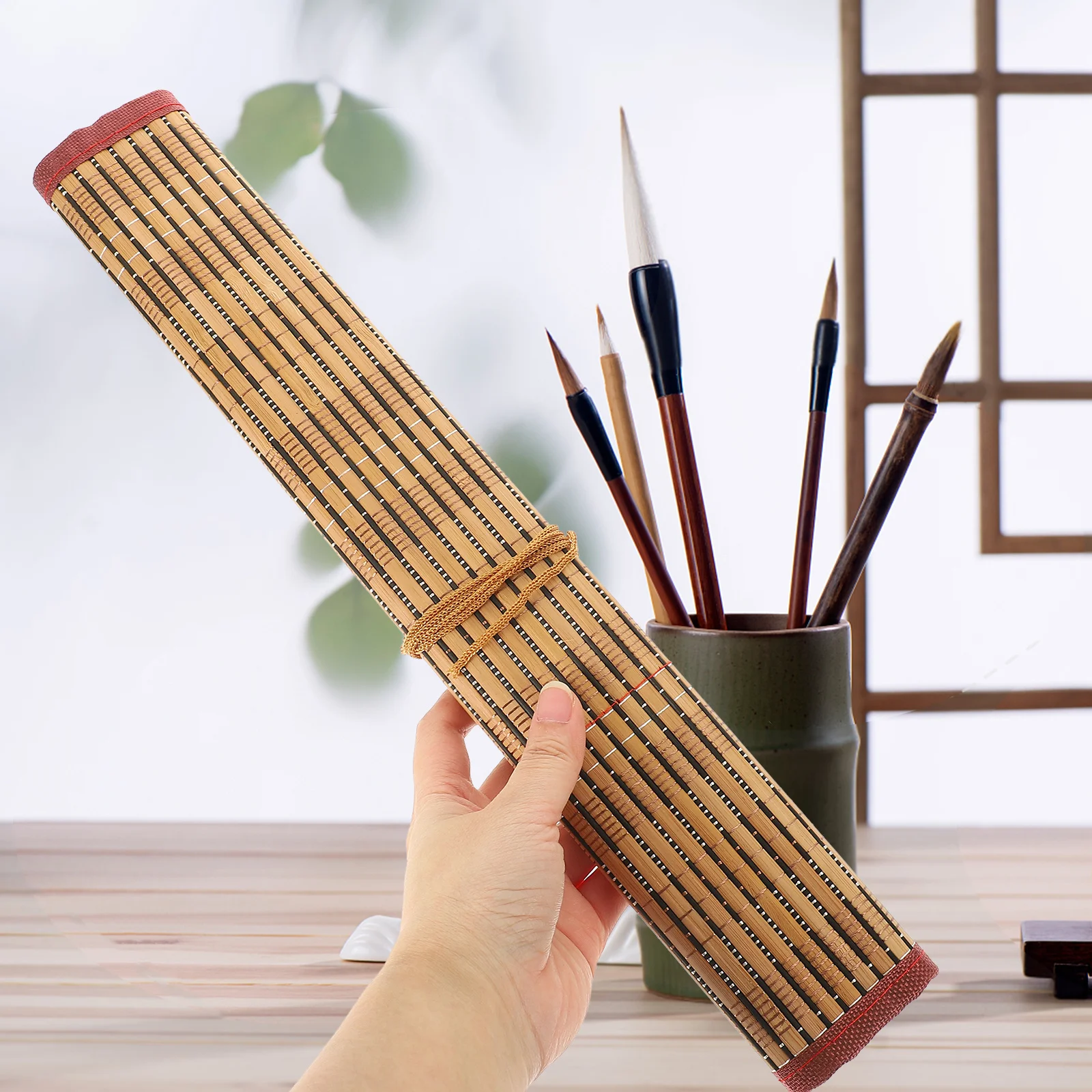 Bamboo Pencil Roll Up Case Calligraphy Brush Pen Storage Bag Cotton Rope and Cloth Design Calligraphy Brush