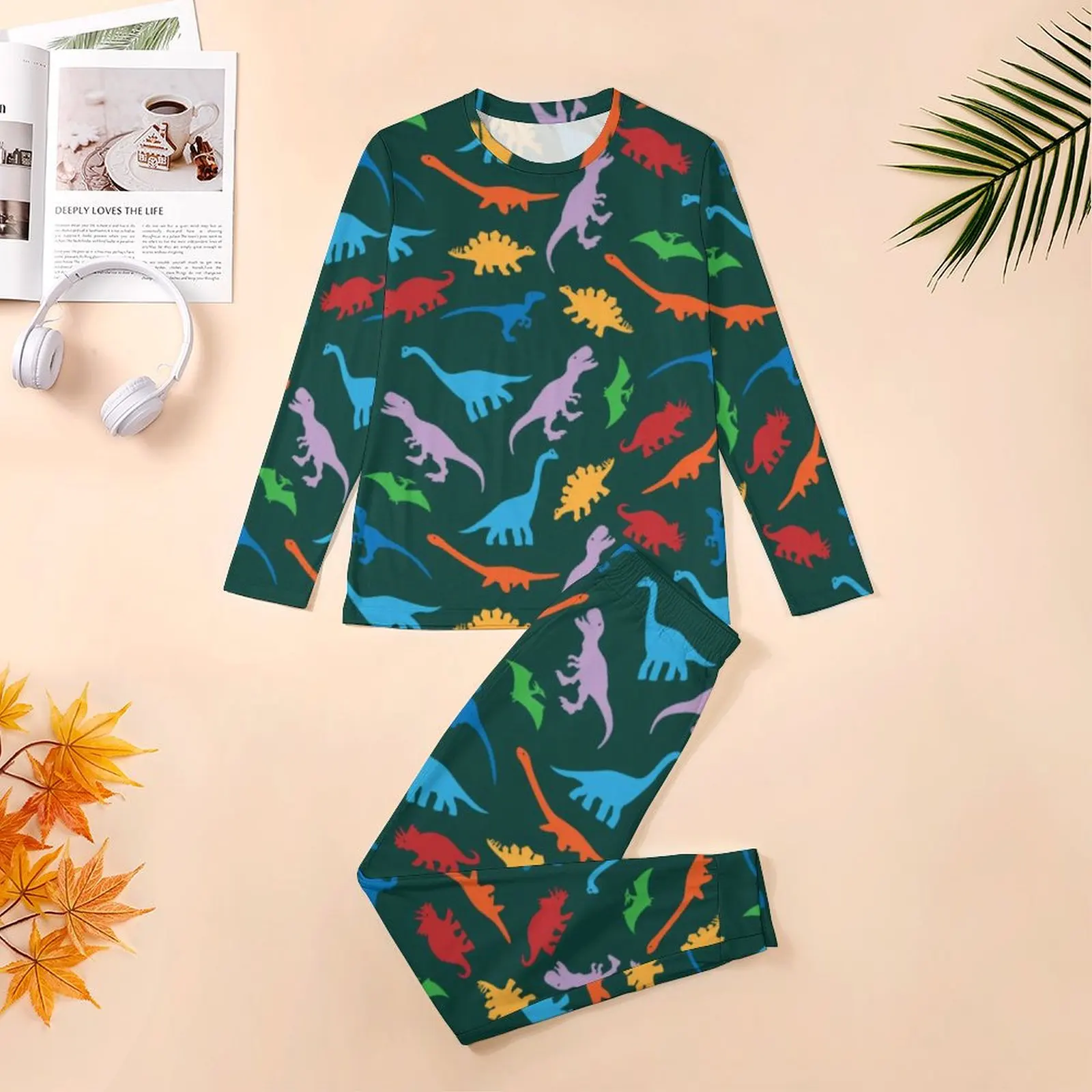 Pijamas de dinosaurio de dibujos animados para hombre, ropa de dormir Kawaii con estampado de animales coloridos, conjuntos de pijamas de diseño de dormitorio de 2 piezas de manga larga de otoño