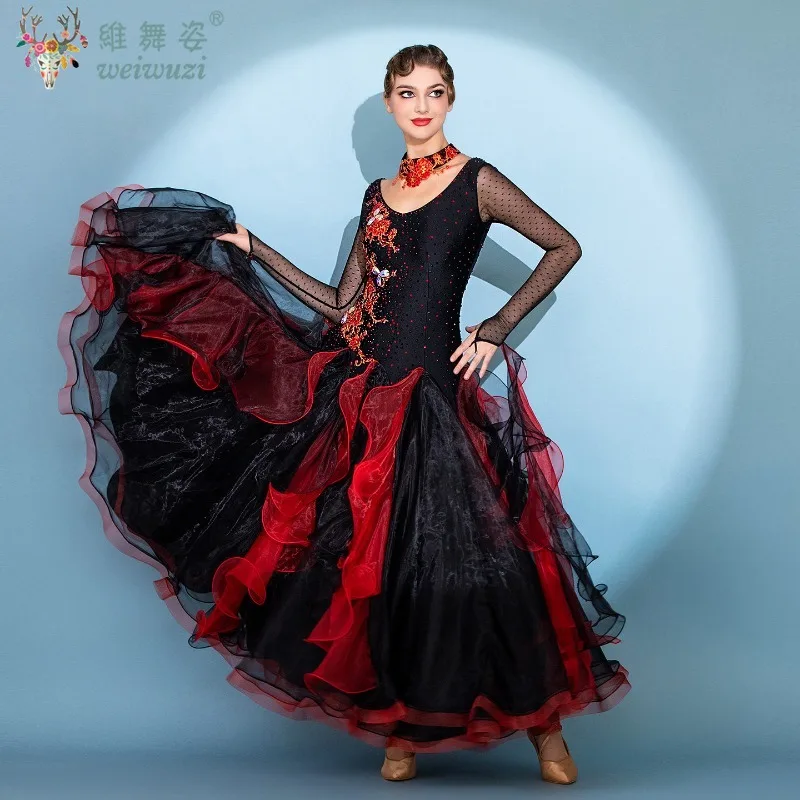 

Платья для выступлений по быстрым танцам (Quickstep, Waltz, Foxtrot, Tango) для взрослых женщин, для социальных танцев и соревнований, с длинными рукавами, черные, с широким подолом