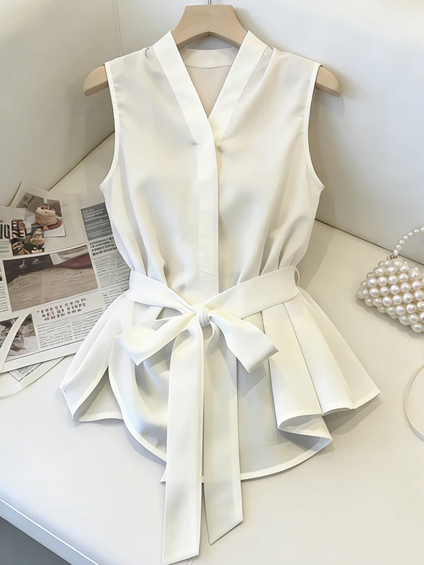 

Новая летняя женская блузка больших размеров без рукавов с узлом, универсальная, стройнящая, скрывающая недостатки фигуры, модный топ