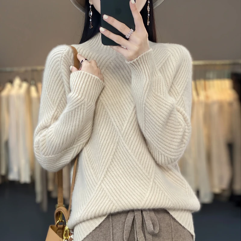 

100% Wool Cashmere Sweater Women's Autumn and Winter High Neck Pullover Casual Knitted Top Women's Jacket Korean Fashion