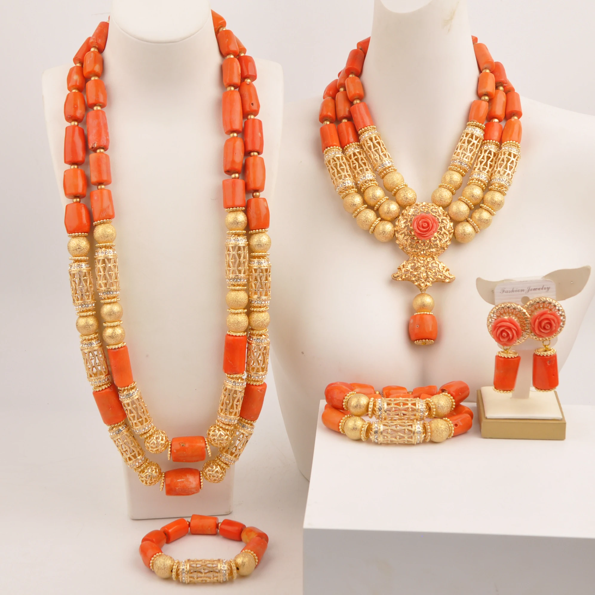 

Original Orange Coral Beads Couple Necklace Bridal Jewelry Nigerian African Jewelry Set For Weddings