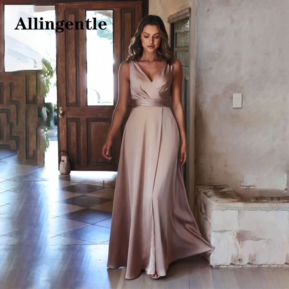 Allingentle Elegant V Neck Bridesmaid Dress 2024 Silk Satin A-line Wedding Guest Gowns Sleeveless Slit for Women вечернее платье