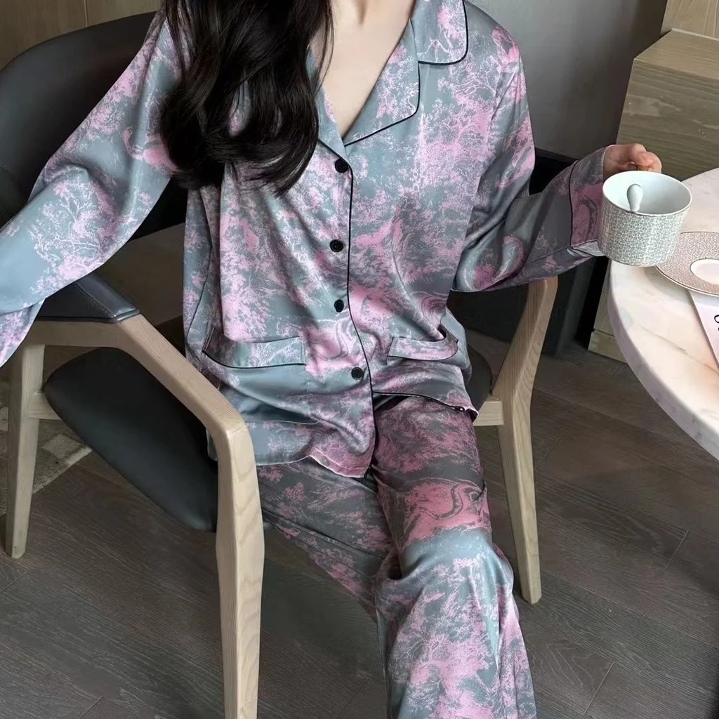 Summer New Ice Silk Pajamas Women's Long Sleeved Two-piece Set Printed Sleepwear