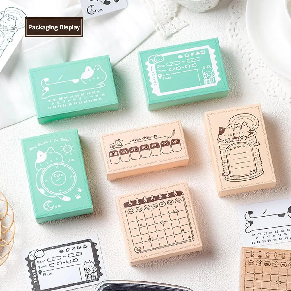 New Wood Assorted Stamp Cat Pattern Memorandum Sight Box Series Cat Schedule Seal DIY Scrapbook Decorative Stamps