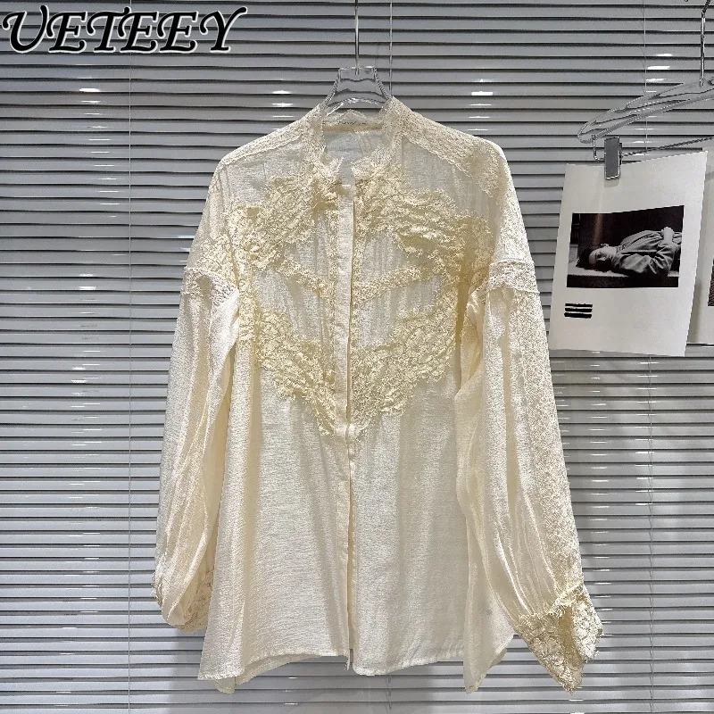 

Spring and Autumn New Niche Style Shirt Lace Trim Patchwork Design Solid Color Top Versatile Loose Chiffon Blouse for Women